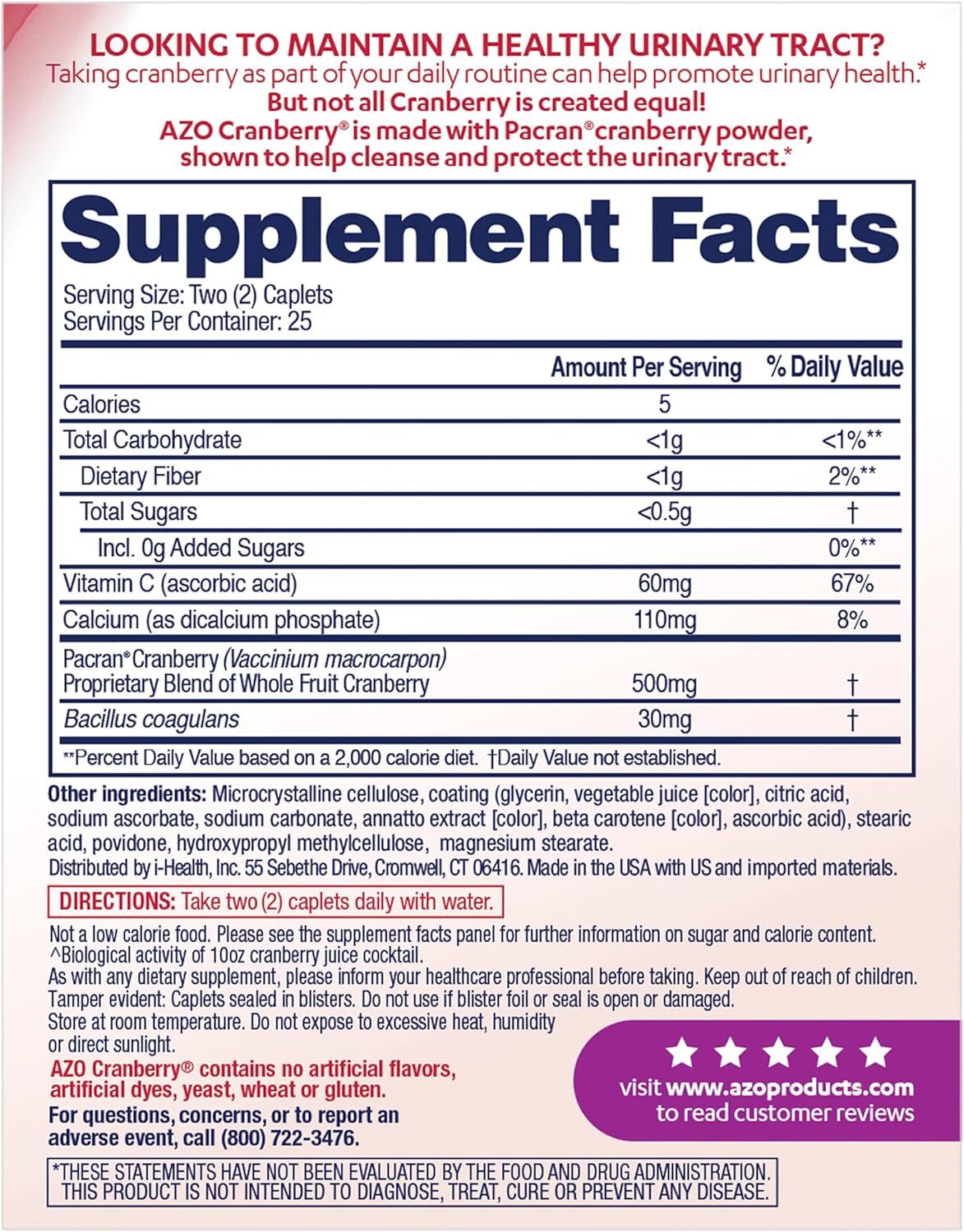 AZO Cranberry Caplets – 50 Count | Urinary Tract Health Support | E-vitamin Supplements KSA