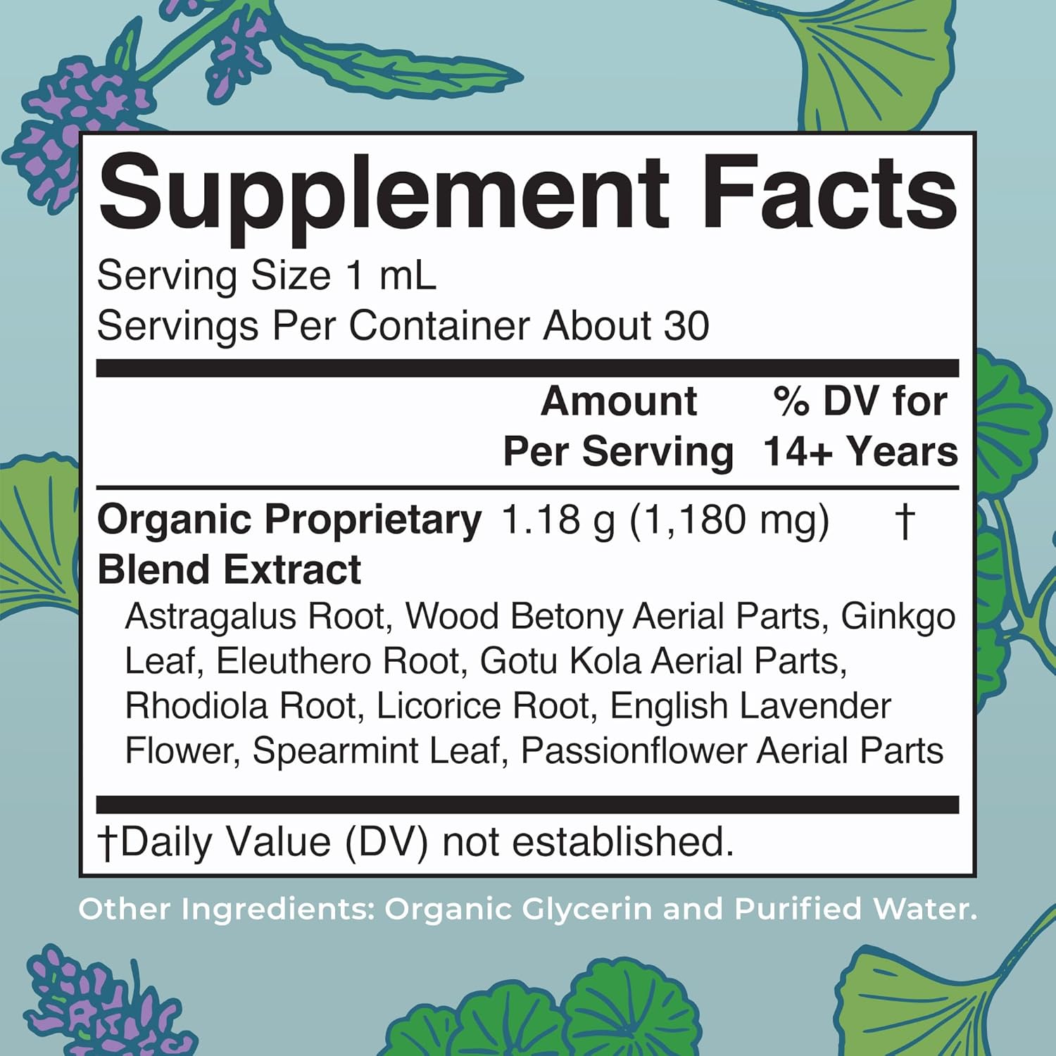USDA Organic Nootropic Focus & Adrenal Support Drops | Ginkgo Biloba, Astragalus & Adaptogenic Herbs | Vegan, Non-GMO | 30 Servings | 30 mL - Image 2