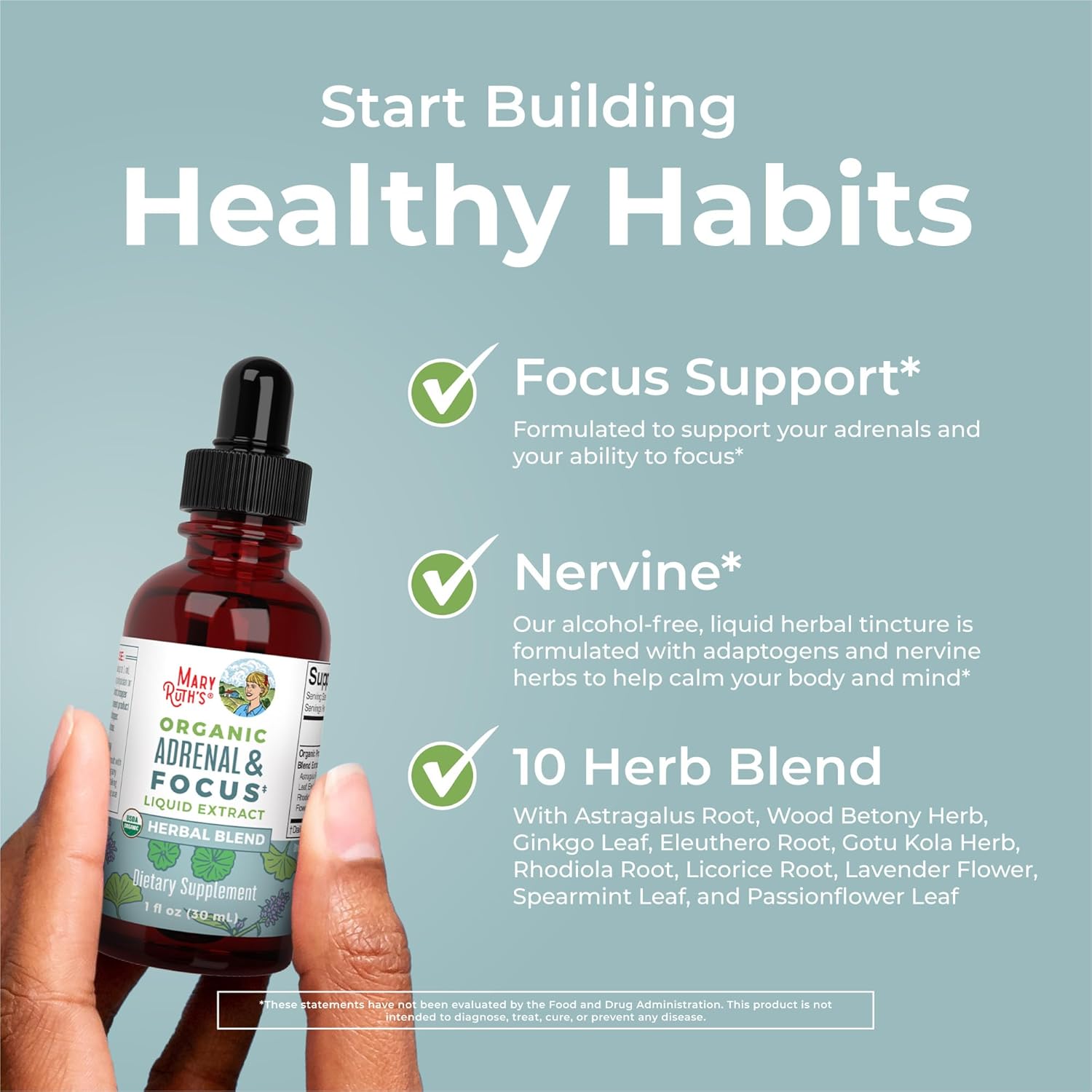 USDA Organic Nootropic Focus & Adrenal Support Drops | Ginkgo Biloba, Astragalus & Adaptogenic Herbs | Vegan, Non-GMO | 30 Servings | 30 mL - Image 4