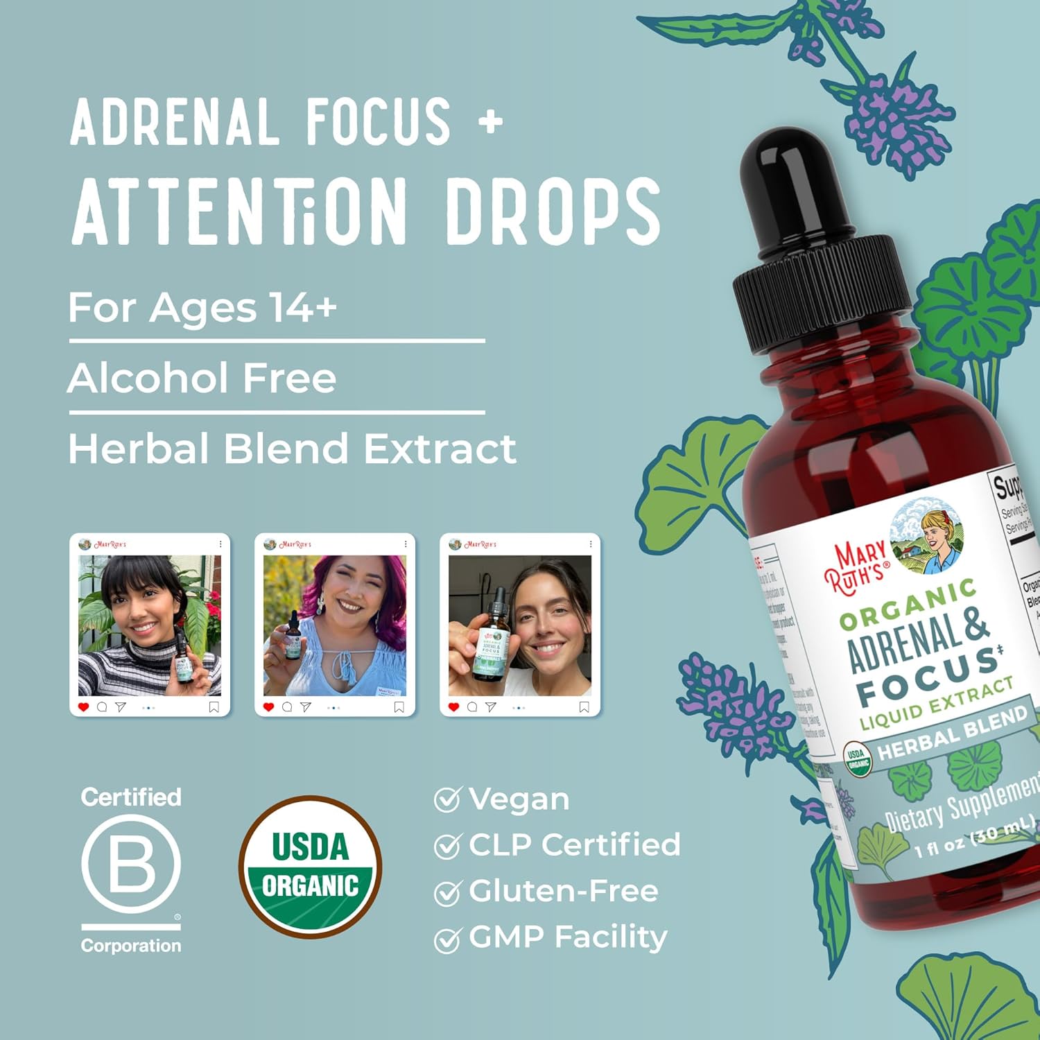 USDA Organic Nootropic Focus & Adrenal Support Drops | Ginkgo Biloba, Astragalus & Adaptogenic Herbs | Vegan, Non-GMO | 30 Servings | 30 mL - Image 3